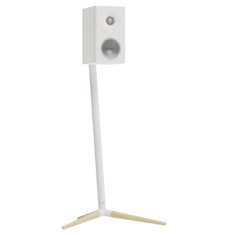 Monitor Audio Radius Floor Stand (4G) Speaker Stands in White, individual stand, with Radius 3 (4G) Speaker mounted