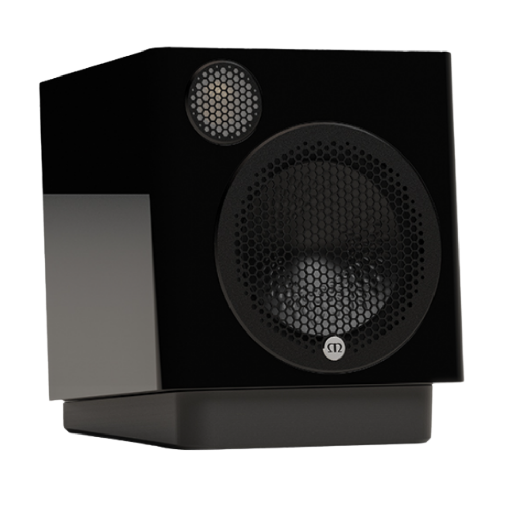 Monitor Audio Radius Desk Pad 4G Isolation Platform shown with Monitor Audio Radius 1 4G Speaker in Gloss Black