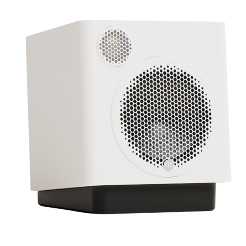 Monitor Audio Radius Desk Pad 4G Isolation Platform shown with Monitor Audio Radius 1 4G Speaker in Satin White