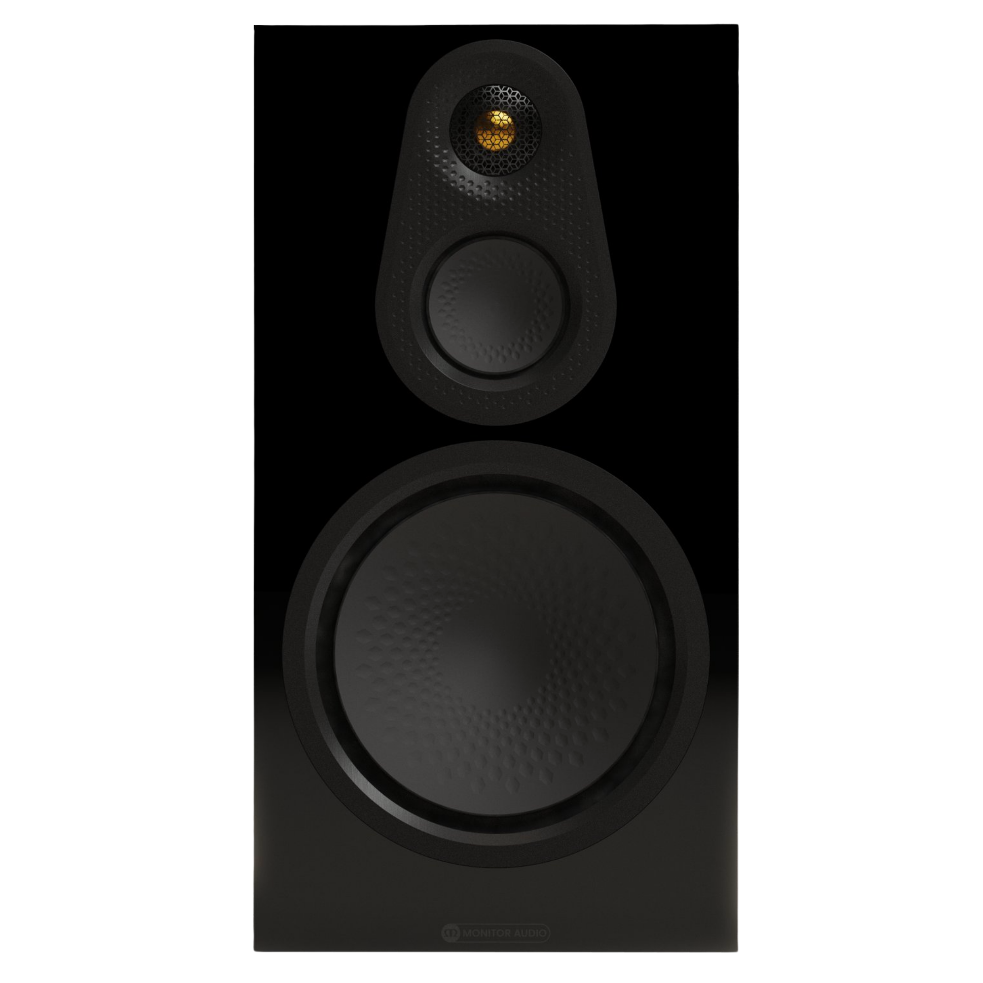 Monitor Audio Silver 100 8G Standmount Speakers  in High Gloss Black, front of individual speaker without grille