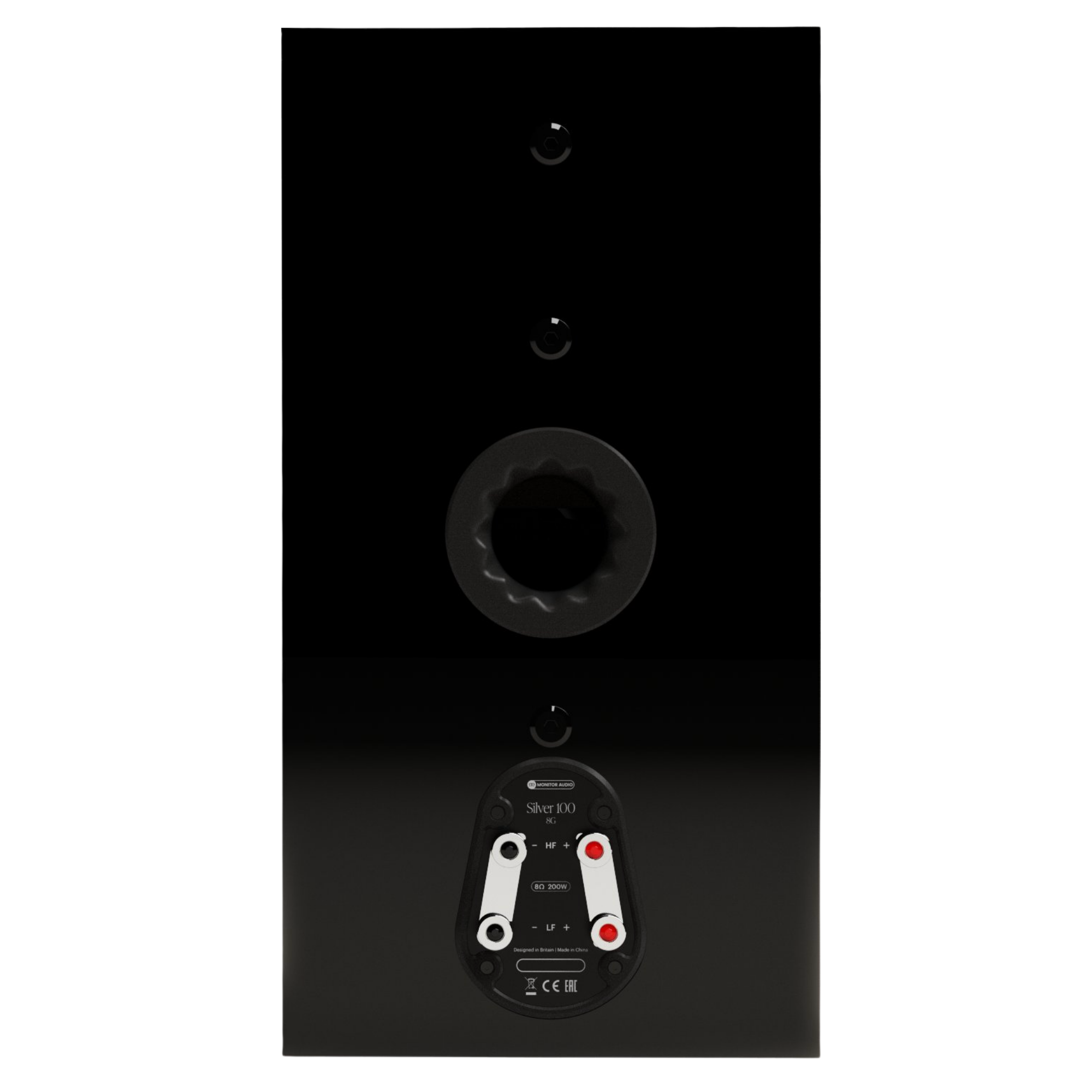 Monitor Audio Silver 100 8G Standmount Speakers  in High Gloss Black, back of individual speaker 