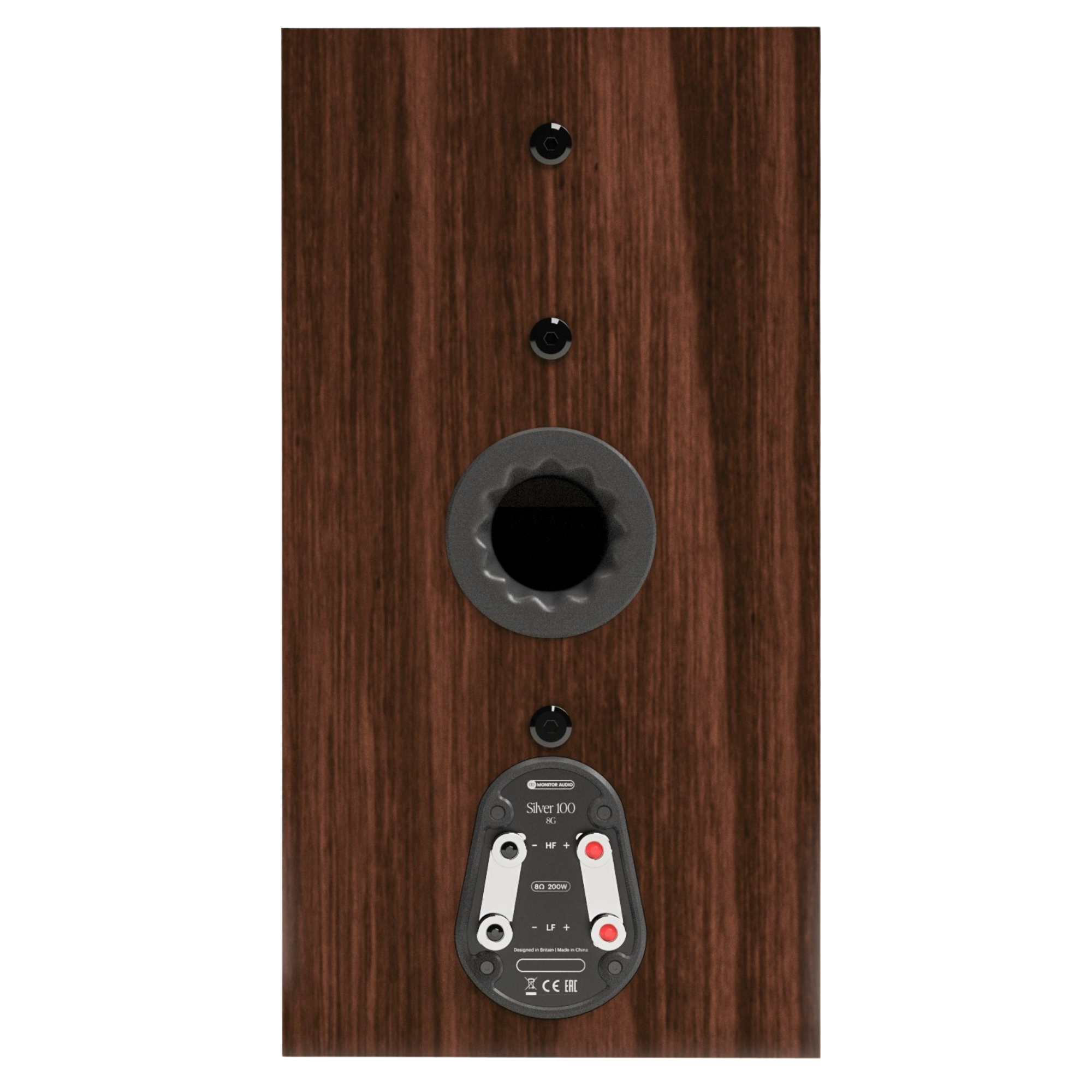 Monitor Audio Silver 100 8G Standmount Speakers  in European Walnut, rear of individual speaker