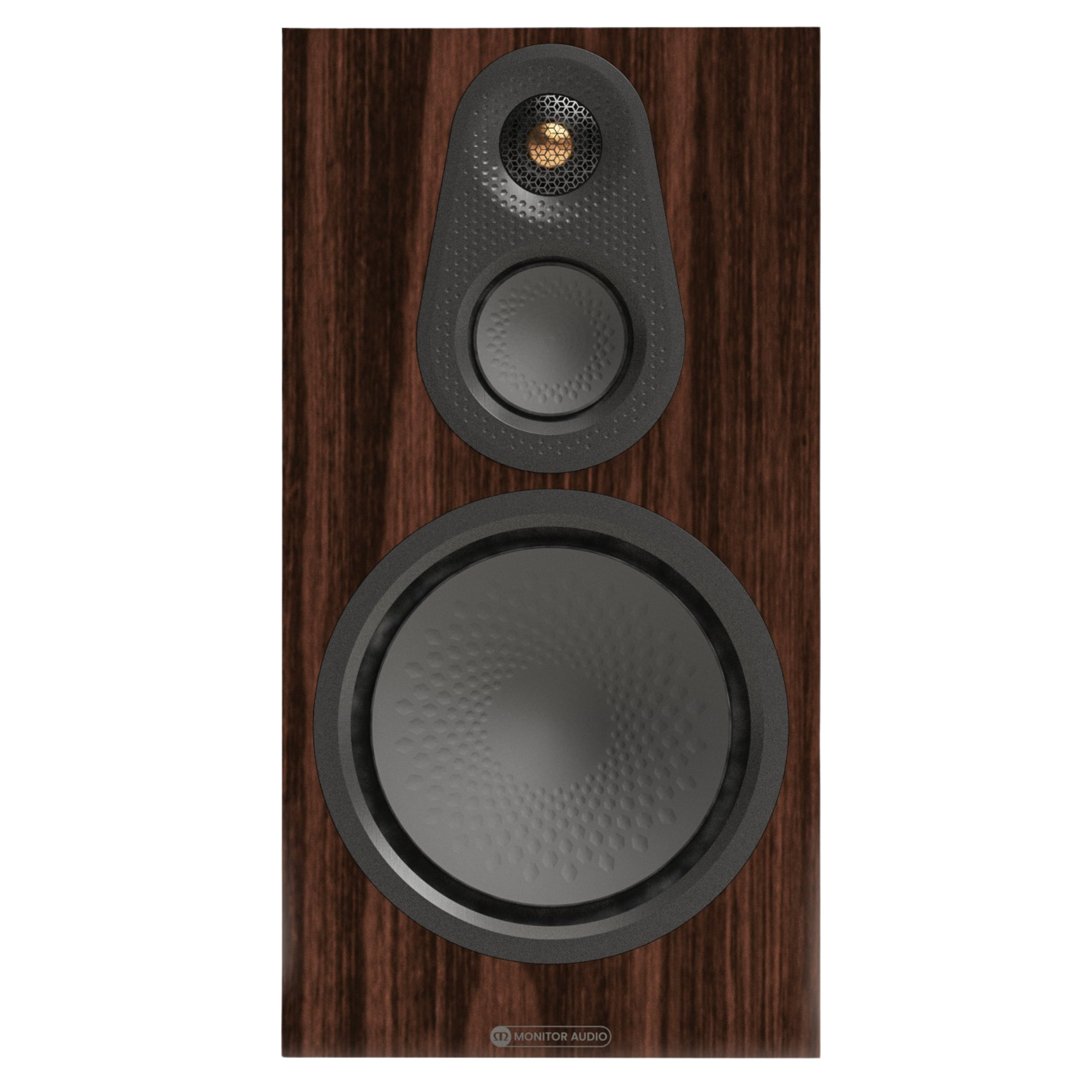 Monitor Audio Silver 100 8G Standmount Speakers  in European Walnut, front of individual speake without grille
