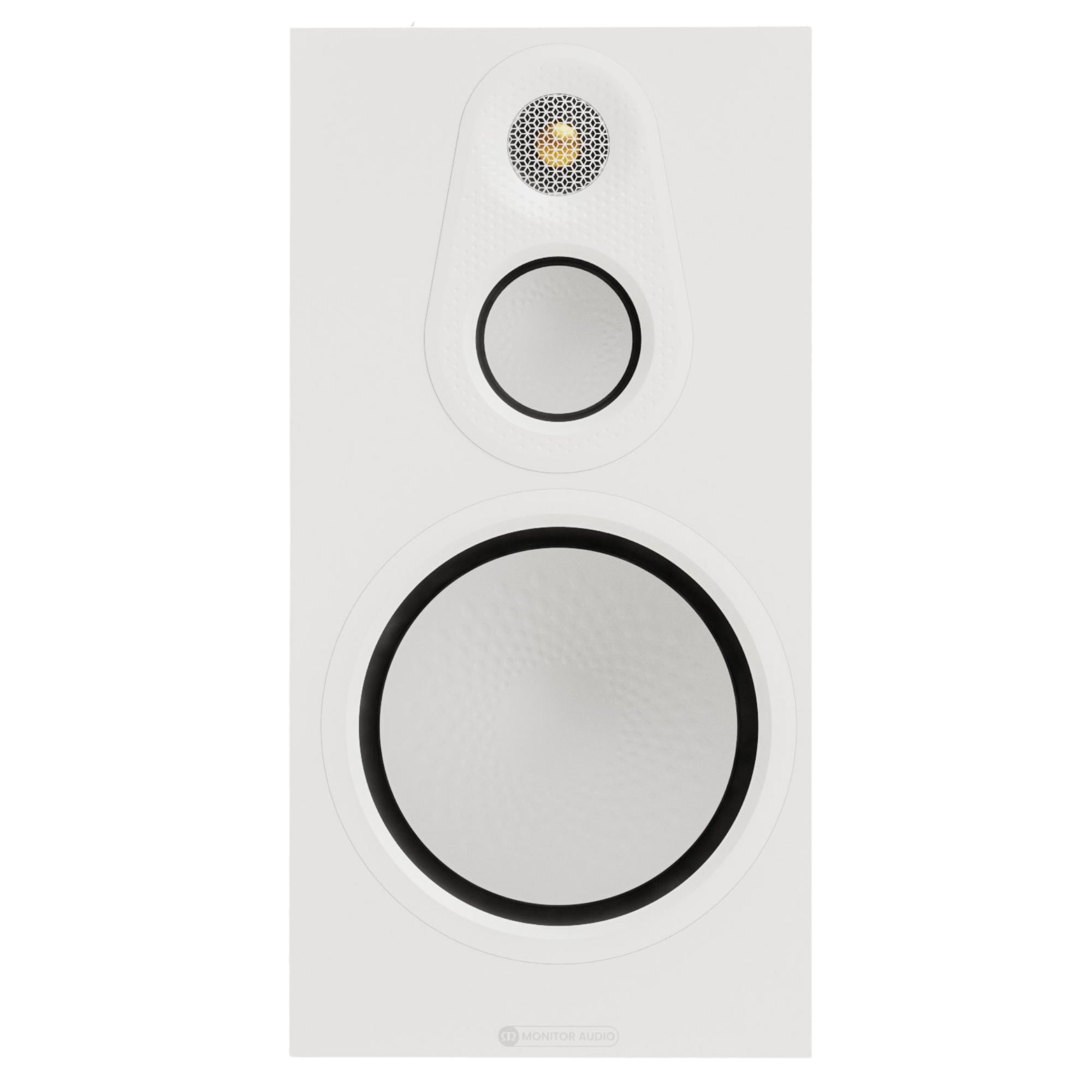 Monitor Audio Silver 100 8G Standmount Speakers  in Satin White , front of individual speaker without grille