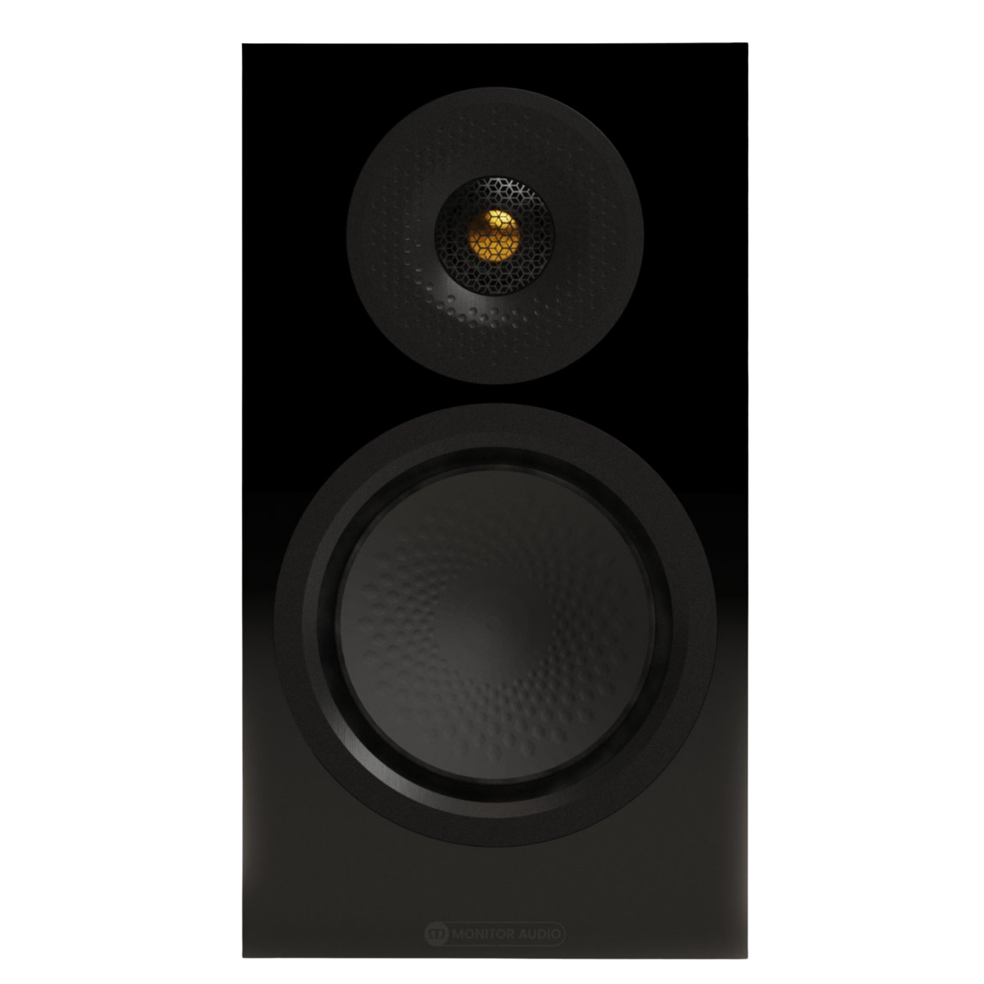 Monitor Audio Silver 50 8G Bookshelf Speakers in High Gloss Black.  Front of invidivual Speaker without grille