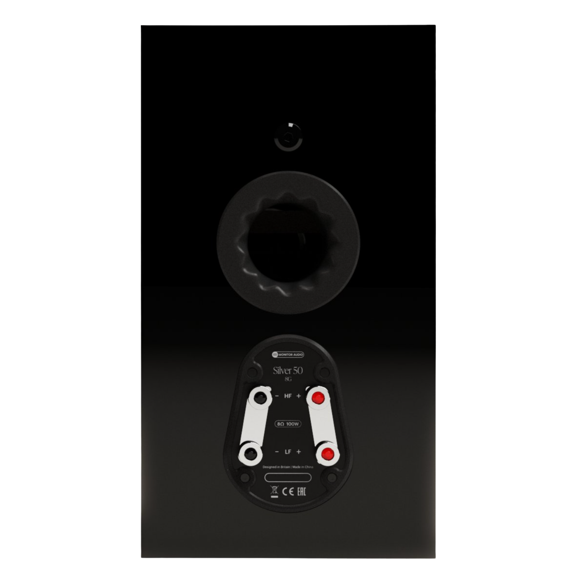 Monitor Audio Silver 50 8G Bookshelf Speakers in High Gloss Black.  Back of invidivual Speaker 