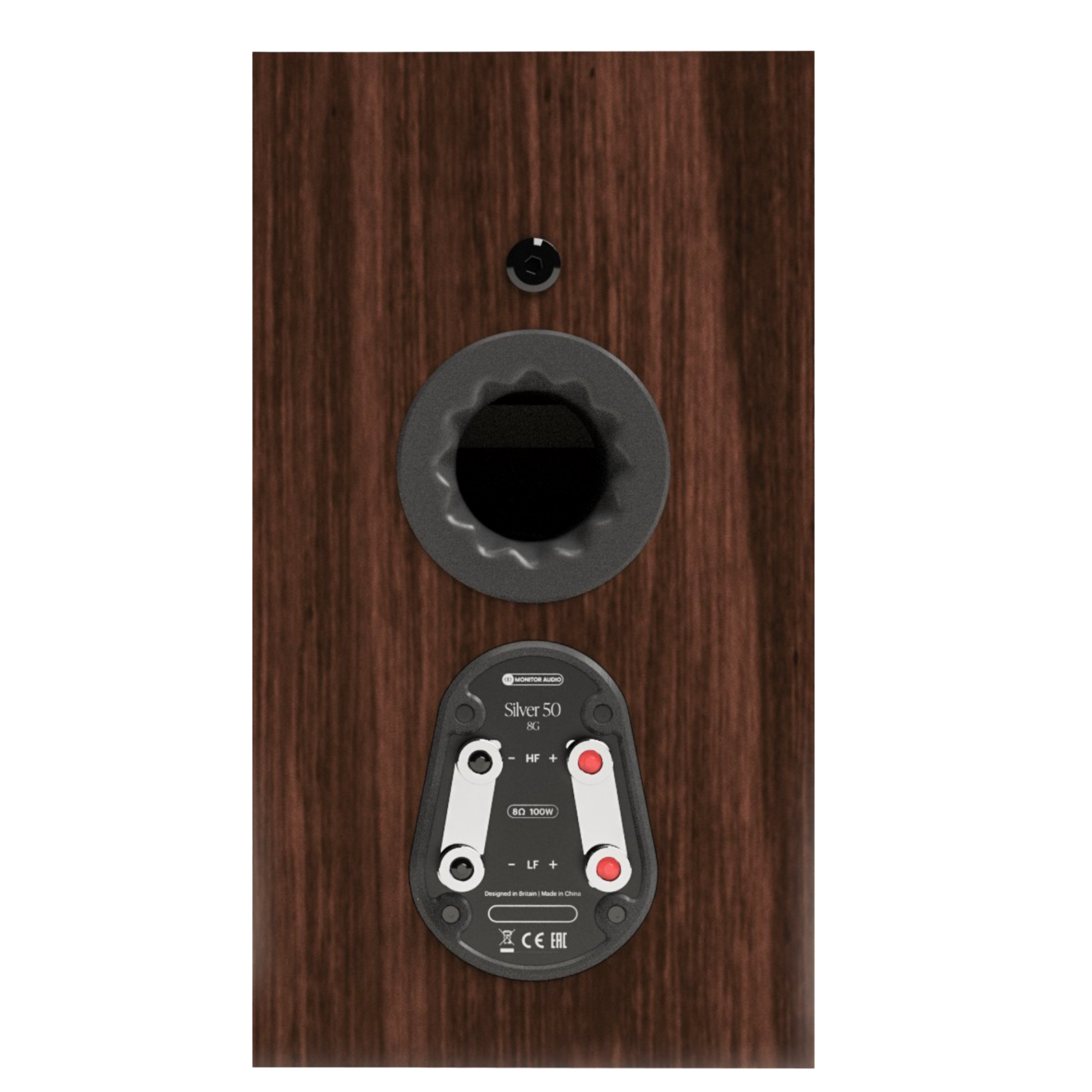 Monitor Audio Silver 50 8G Bookshelf Speakers in European Walnut. Back of invidivual Speaker 
