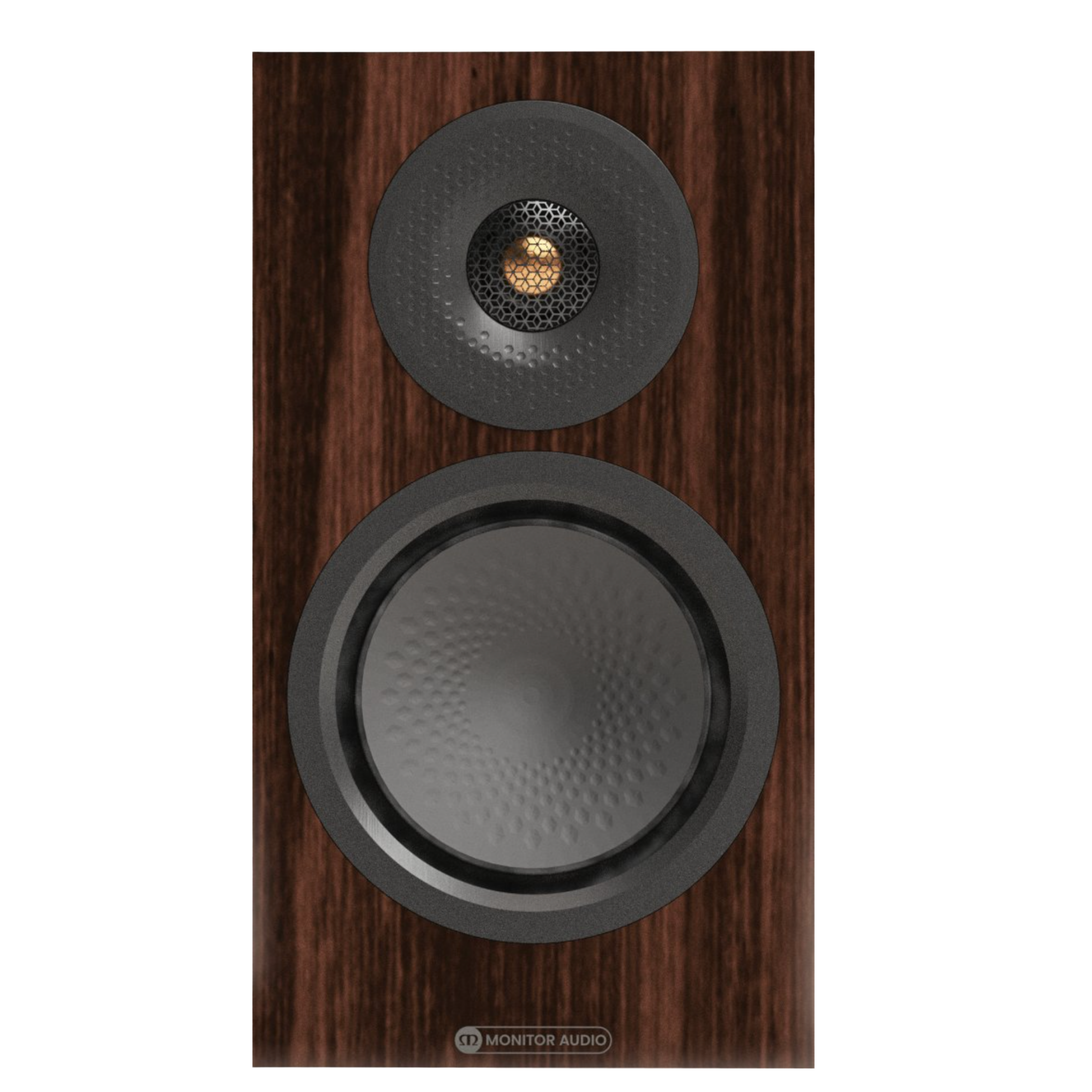 Monitor Audio Silver 50 8G Bookshelf Speakers in European Walnut.  Front of invidivual Speaker without grille