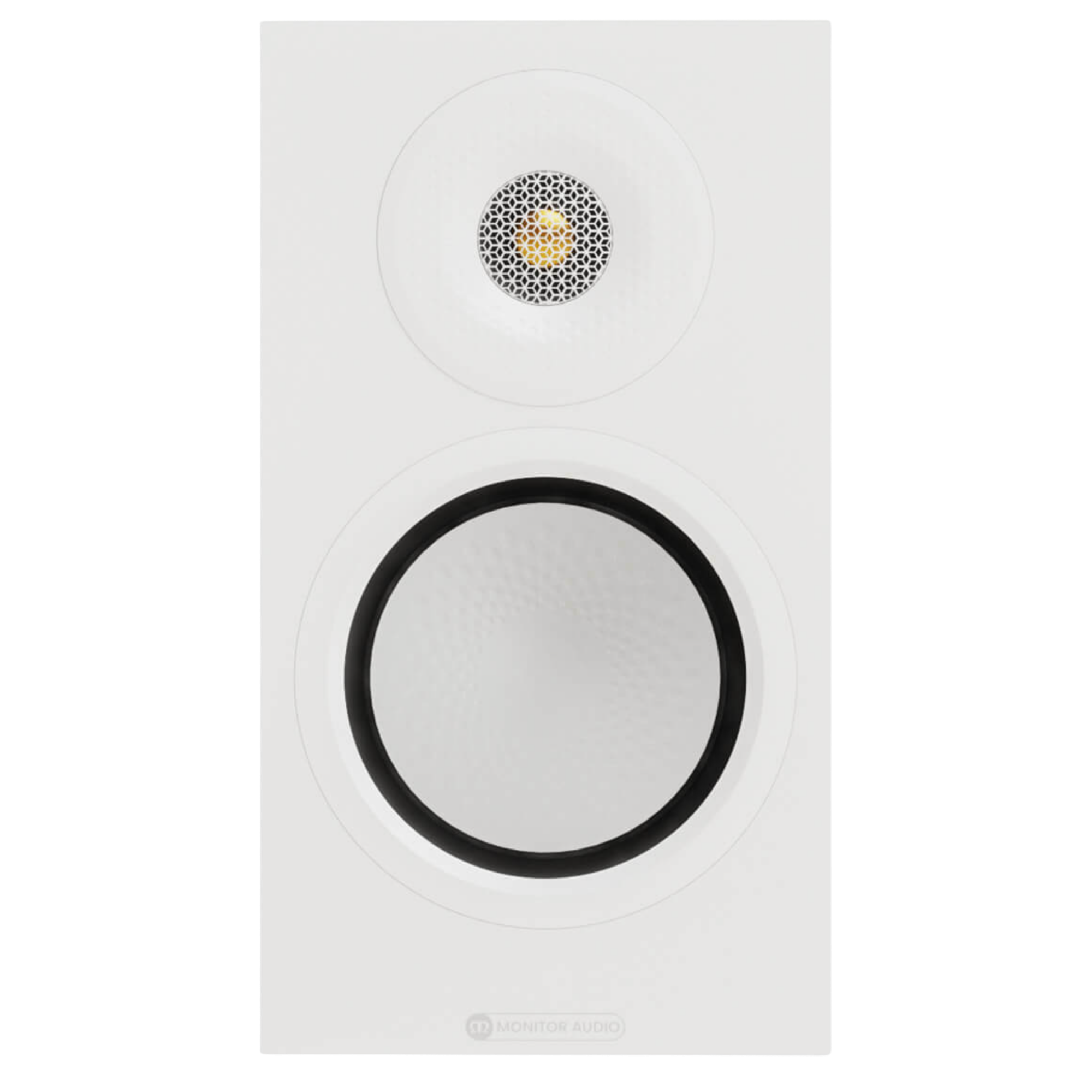 Monitor Audio Silver 50 8G Bookshelf Speakers in Satin White.  Front of invidivual Speaker without grille