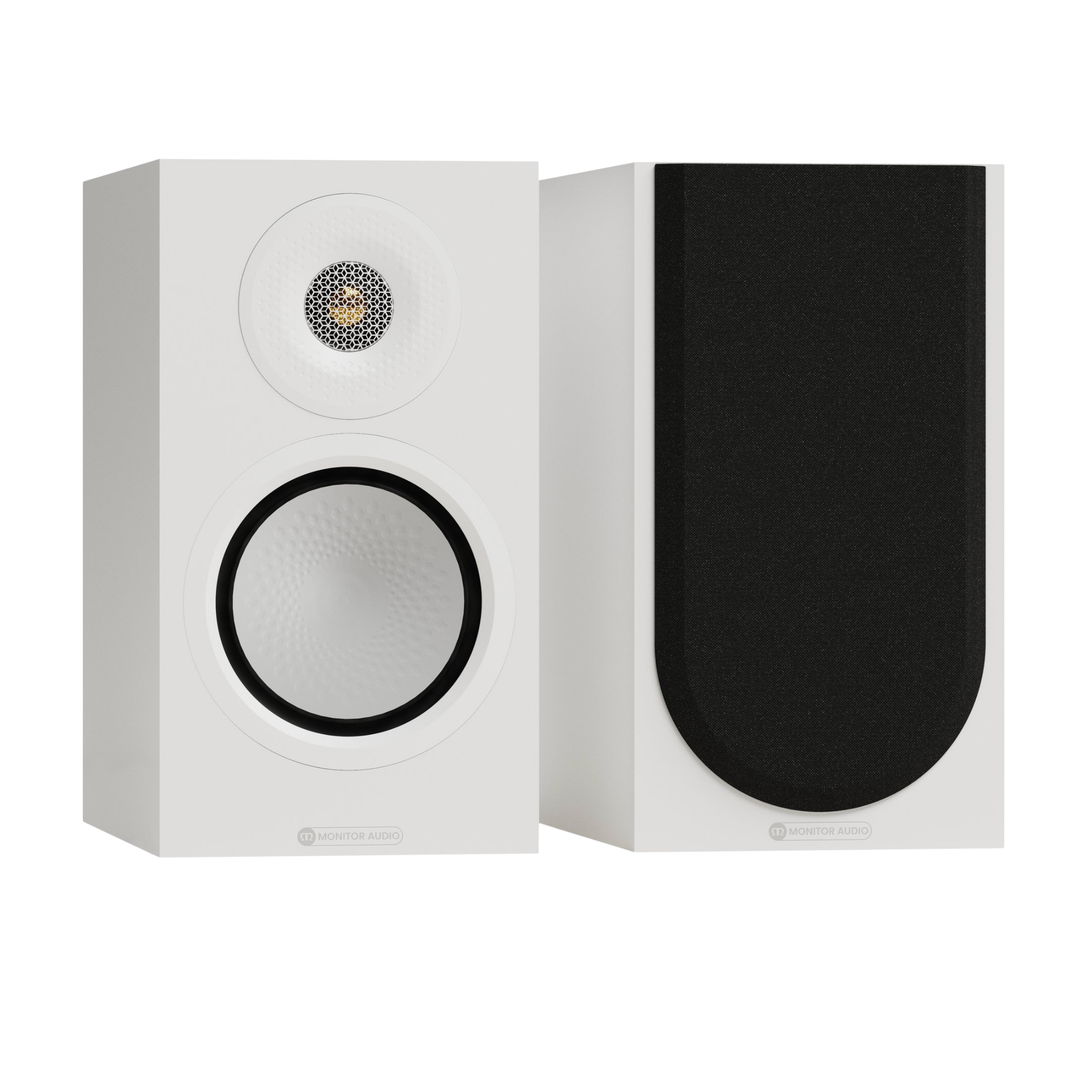 Monitor Audio Silver 50 8G Bookshelf Speakers in Satin White.  Shown without and also with grilles