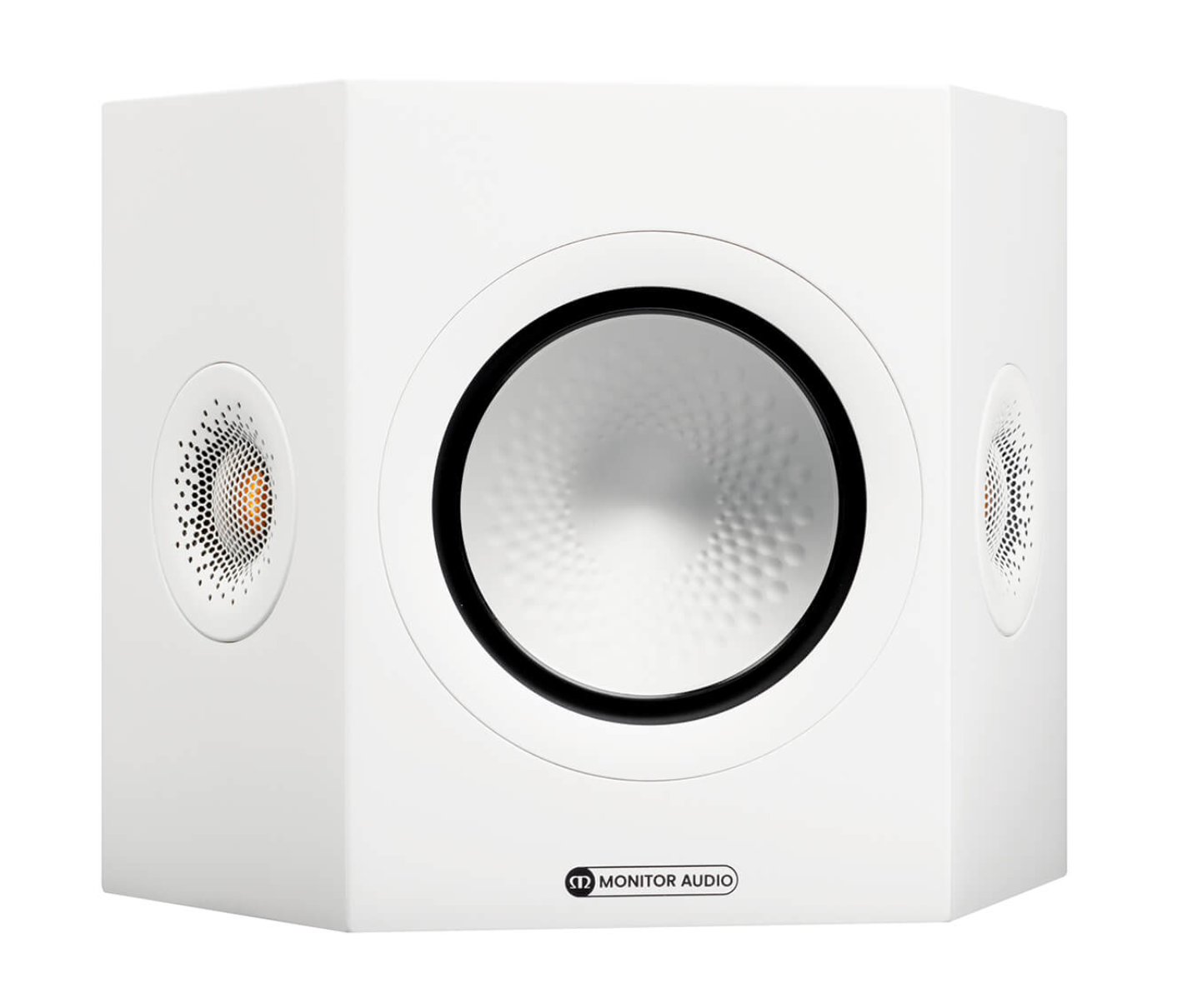 Monitor Audio Silver FX 7G Surround Speakers in satin white, on an angle