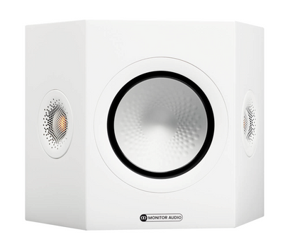 Monitor Audio Silver FX 7G Surround Speakers in satin white, on an angle