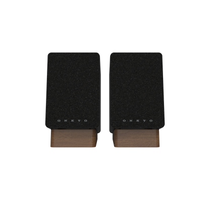 Onkyo GX-10DB Powered Speakers in Black pair.  Front view without grille in black