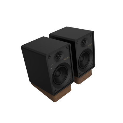 Onkyo GX-10DB Powered Speakers in Black pair without grille.  angled view 