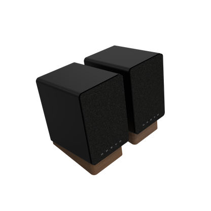 Onkyo GX-10DB Powered Speakers in Black pair with grille.  angled view 