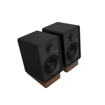 Onkyo GX-30ARC Powered Speakers in Black pair.  Angled without Grille