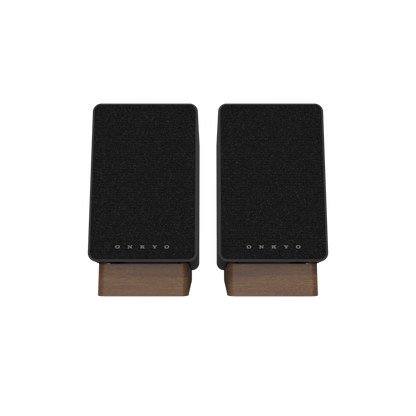 Onkyo GX-30ARC Powered Speakers in Black pair.  Front with Grille