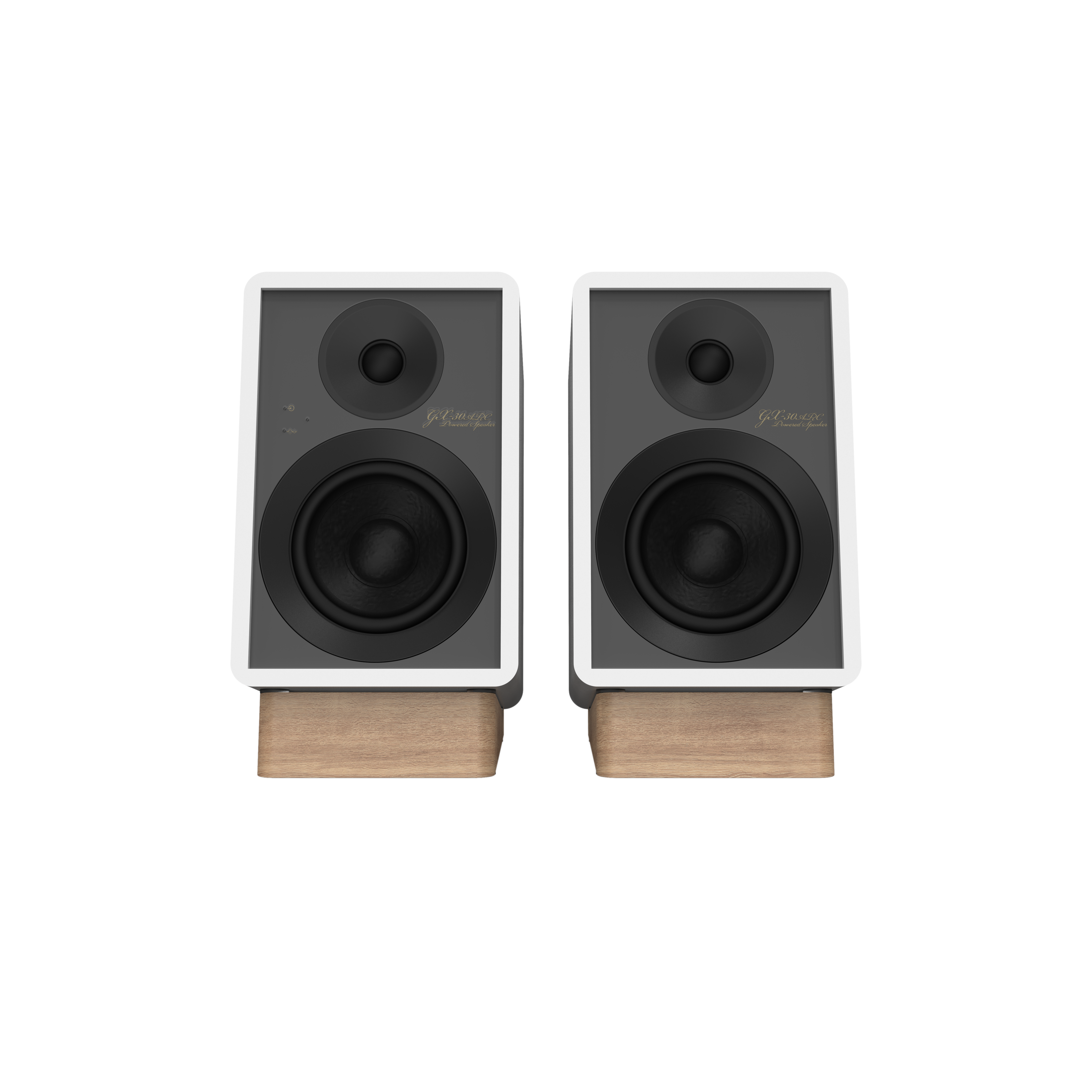 Onkyo GX-30ARC Powered Speakers in white pair.  front no Grille