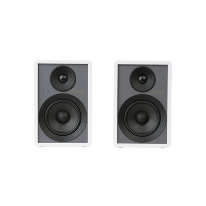 Onkyo GX-30ARC Powered Speakers in white pair.  Front without Grill or stand