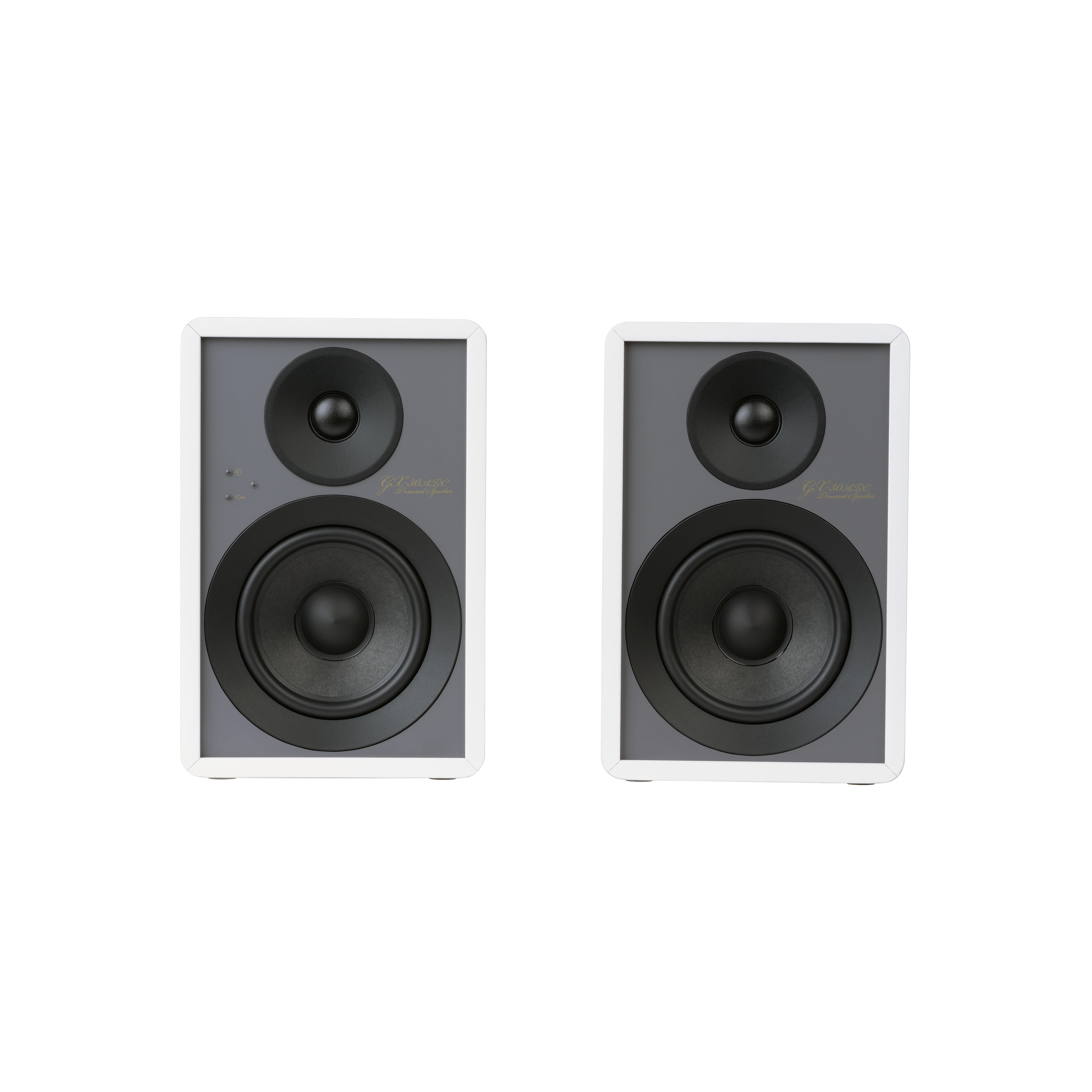 Onkyo GX-30ARC Powered Speakers in white pair.  Front without Grill or stand