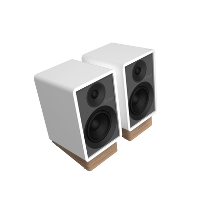 Onkyo GX-30ARC Powered Speakers in white pair.  Angled without Grille