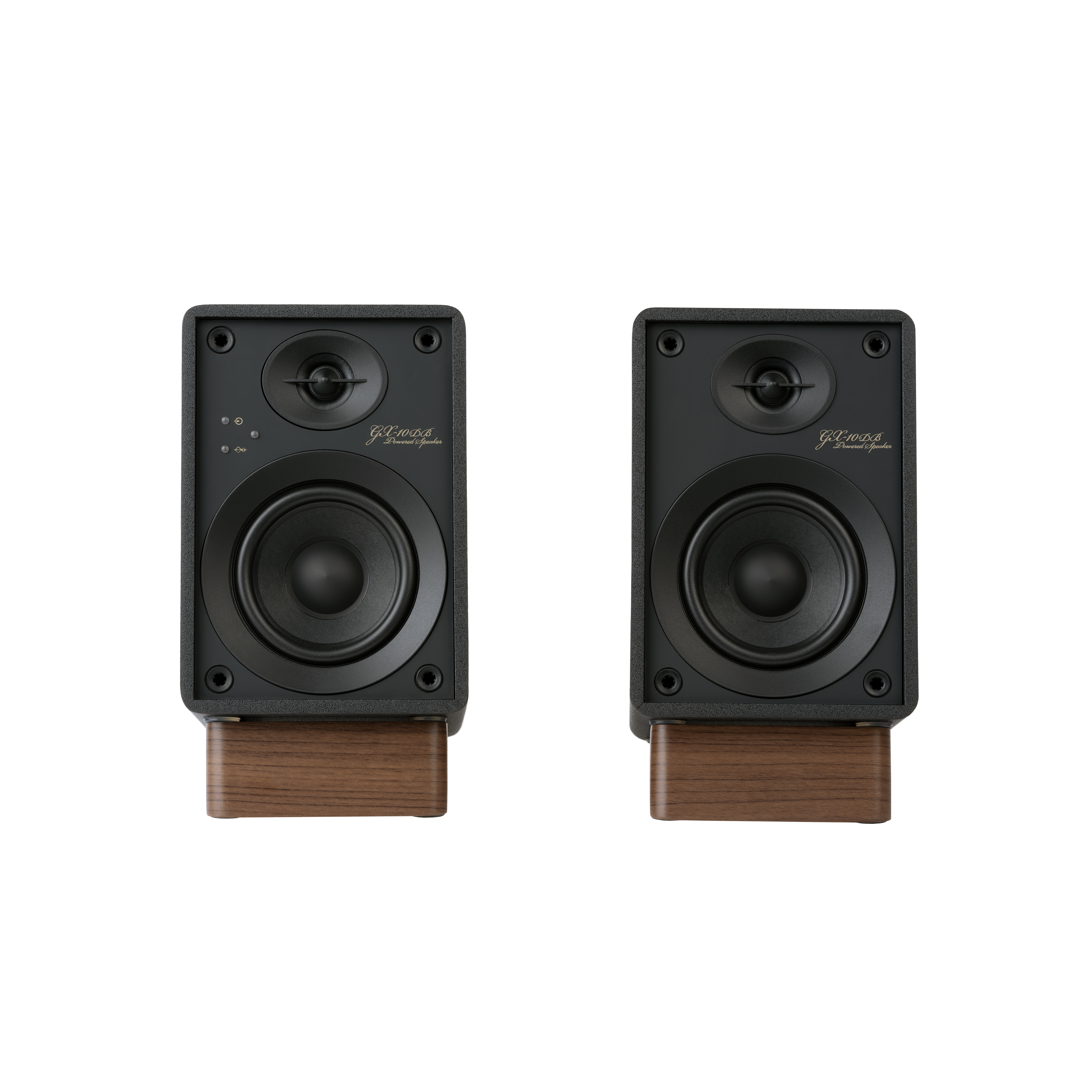 Onkyo GX-10DB Powered Speakers in Black pair.  Front view without grille