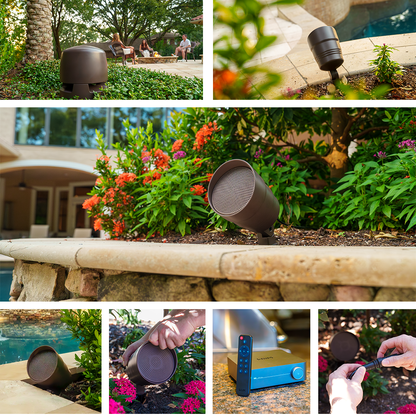 Outdoor Garden 4.1 Volt Ohm Speaker System Powered by the WiiM Amplifier, collage of images