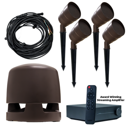 Outdoor Garden 4.1 Volt Ohm Speaker System Powered by the WiiM Amplifier, system components.