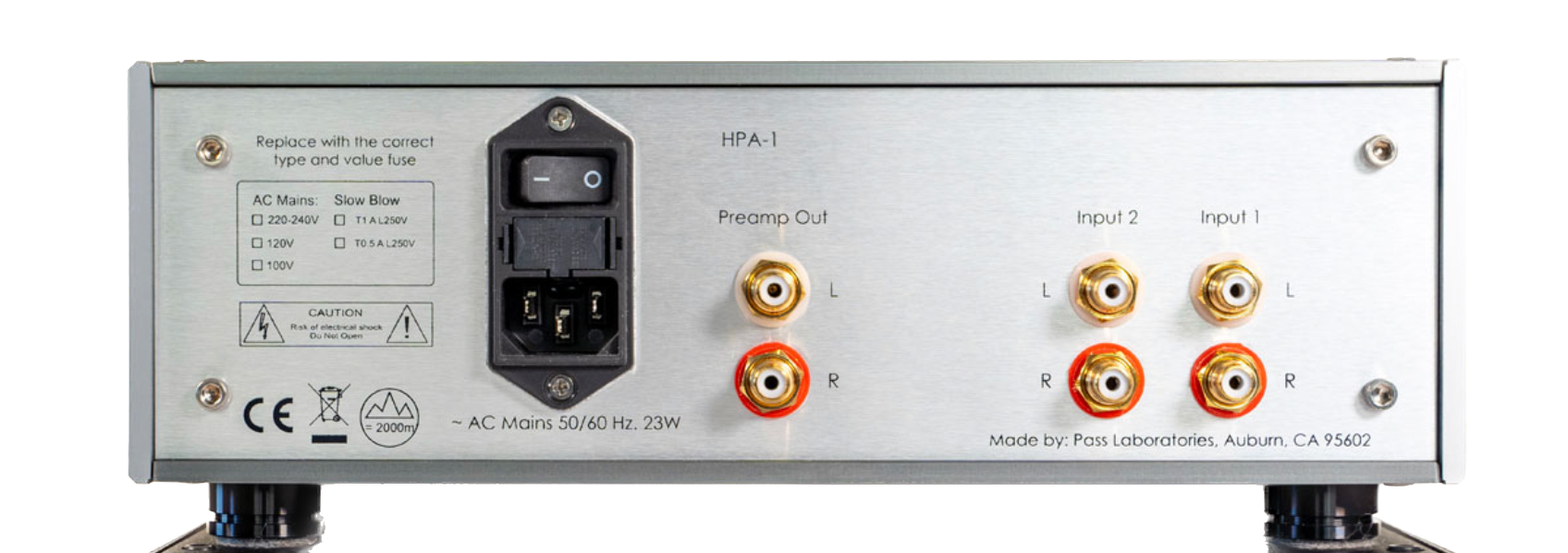 Pass Labs HPA-1C Stereo Headphone Amplifier in Silver, rear of unit