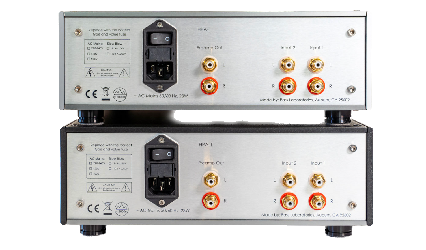 Pass Labs HPA-1C Stereo Headphone Amplifier , combo in Silver and Black, rear of units