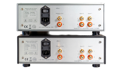 Pass Labs HPA-1C Stereo Headphone Amplifier , combo in Silver and Black, rear of units