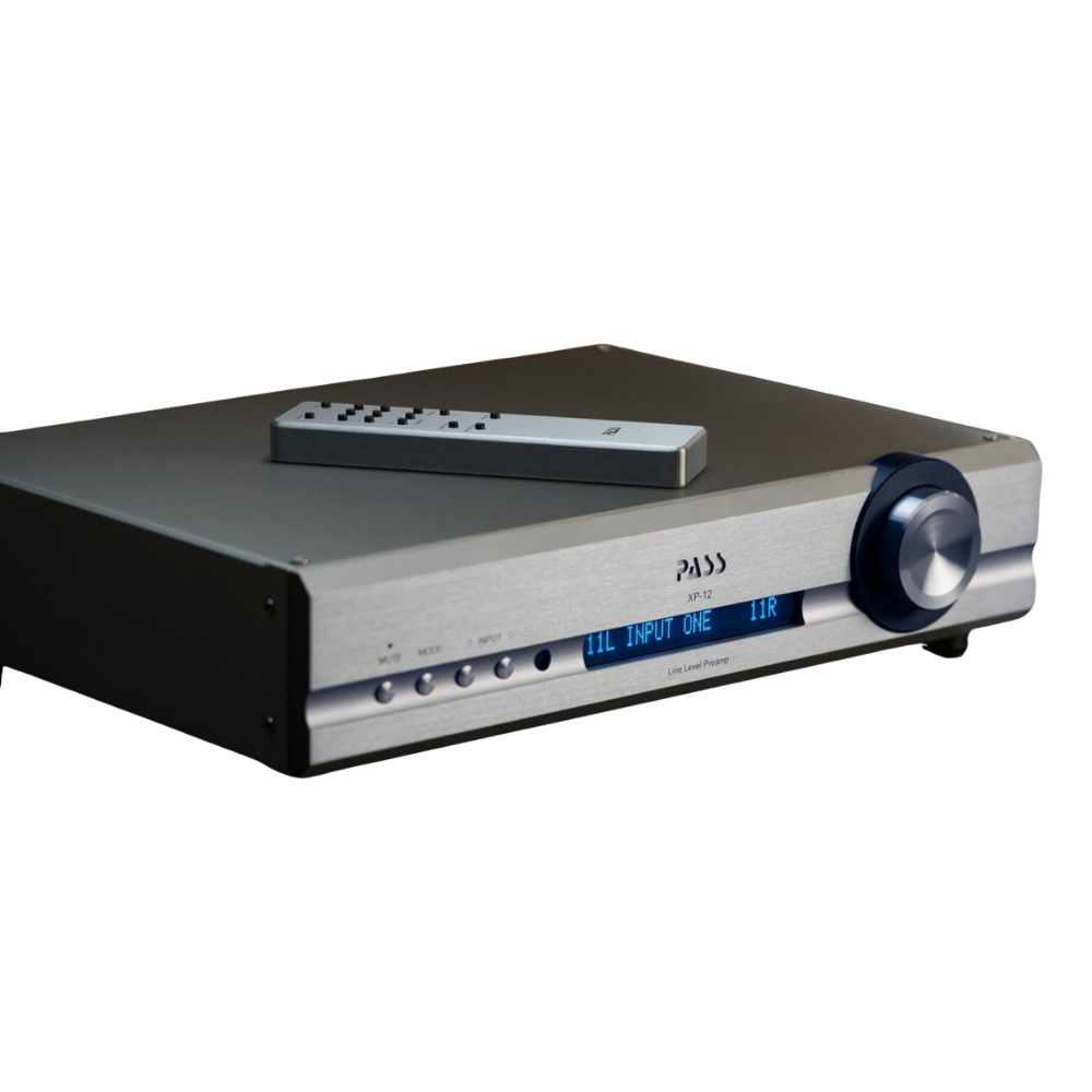 Pass Labs XP-12 Preamplifier in Silver, angled with remote control