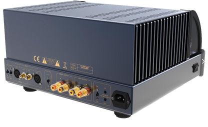 PrimaLuna EVO 300 Hybrid Power Amplifier in Silver, rear angled view with cage
