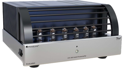 PrimaLuna EVO 300 Hybrid Power Amplifier in Silver, angled with cage