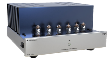 PrimaLuna EVO 300 Hybrid Power Amplifier in Silver, angled without cage