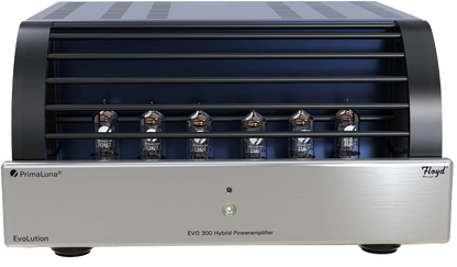 PrimaLuna EVO 300 Hybrid Power Amplifier in Silver, front with cage