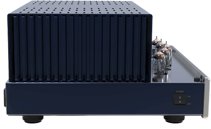 PrimaLuna EVO 300 Hybrid Power Amplifier in Silver, in profile with outcage