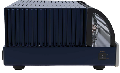 PrimaLuna EVO 300 Hybrid Power Amplifier in Silver, in profile with cage