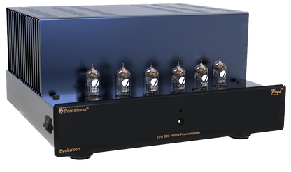 PrimaLuna EVO 300 Hybrid Power Amplifier in black, angled without cage