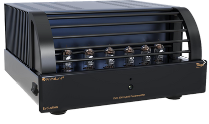 PrimaLuna EVO 300 Hybrid Power Amplifier in black, angled with cage