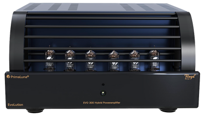 PrimaLuna EVO 300 Hybrid Power Amplifier in black, front with cage