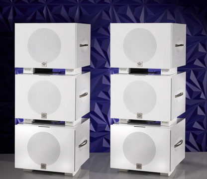 REL S/550 Subwoofers, stacked in White with grille