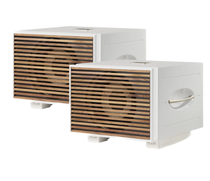 REL S/550 Subwoofer pair in White with wooden grille