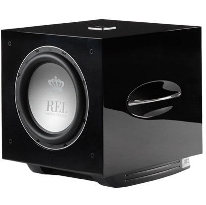 REL S/812 Subwoofer in High Gloss Black, angled view without grille