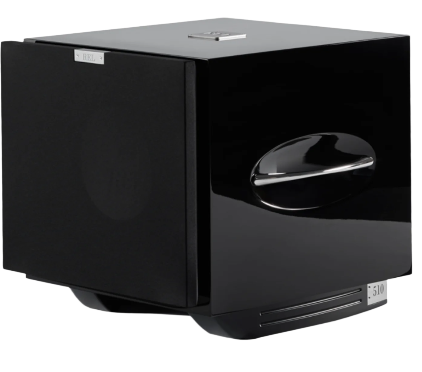 REL S/812 Subwoofer in High Gloss Black, angled view with grille