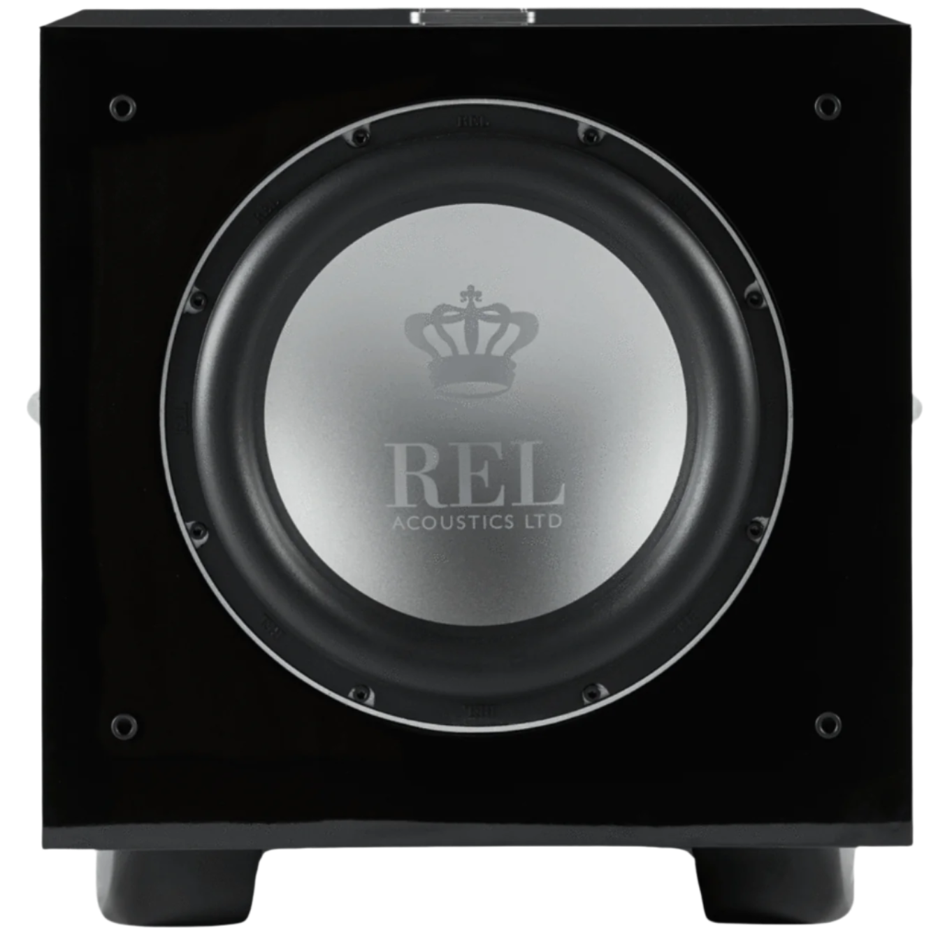 REL S/812 Subwoofer in High Gloss Black, front view without grille