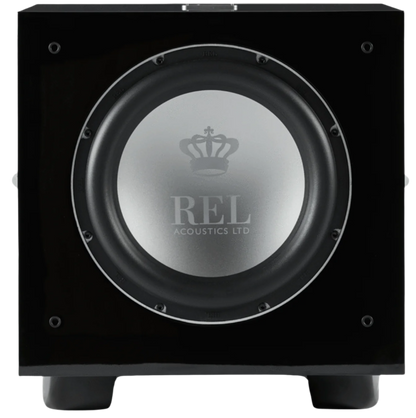 REL S/812 Subwoofer in High Gloss Black, front view without grille
