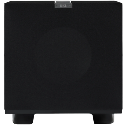 REL S/812 Subwoofer in High Gloss Black, front view with grille