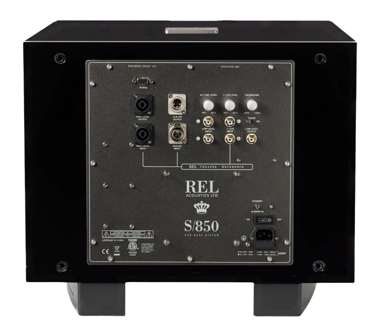 REL S/850 Subwoofer in black, underneath, rear of sub