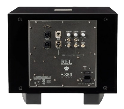 REL S/850 Subwoofer in black, underneath, rear of sub